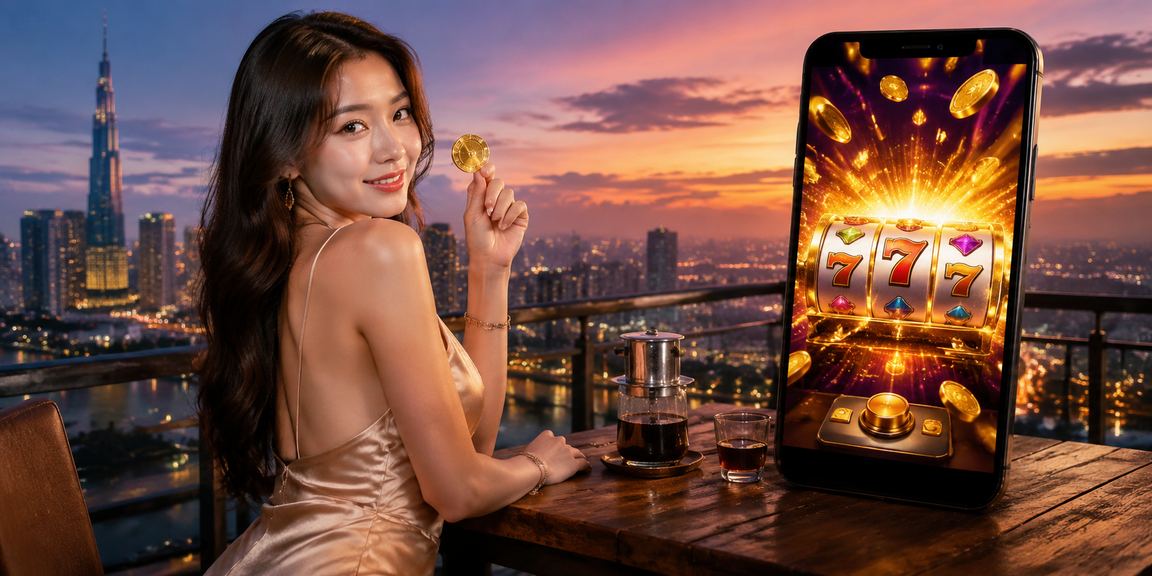 Người dùng tại TP. Hồ Chí Minh truy cập trò chơi slot trên điện thoại bên ly cà phê sáng